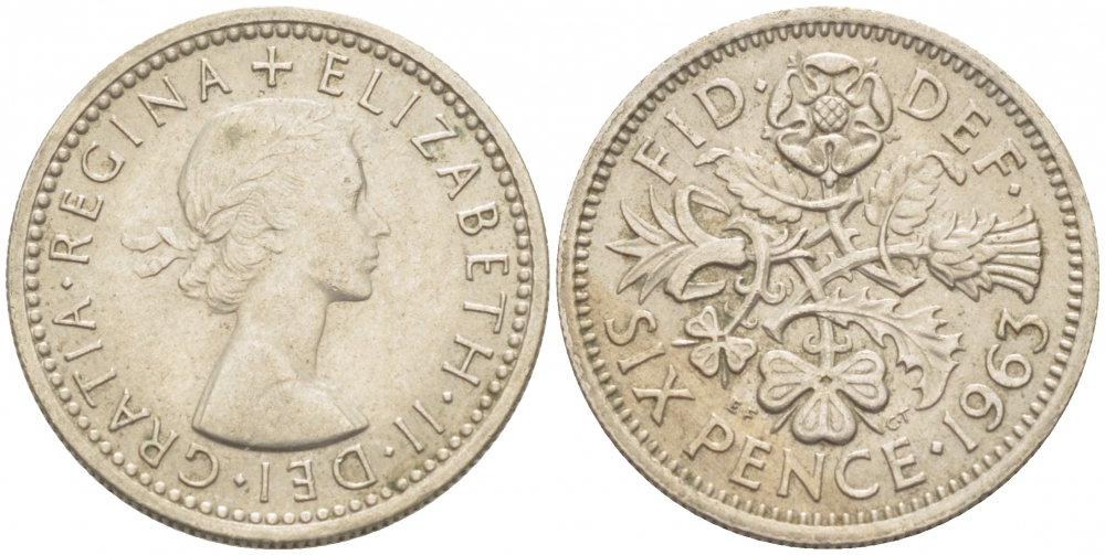 Великобритания 6 пенсов 1963 Елизавета II (1952-2022) KM 903, Spink 4149 медно-никель 214-1067