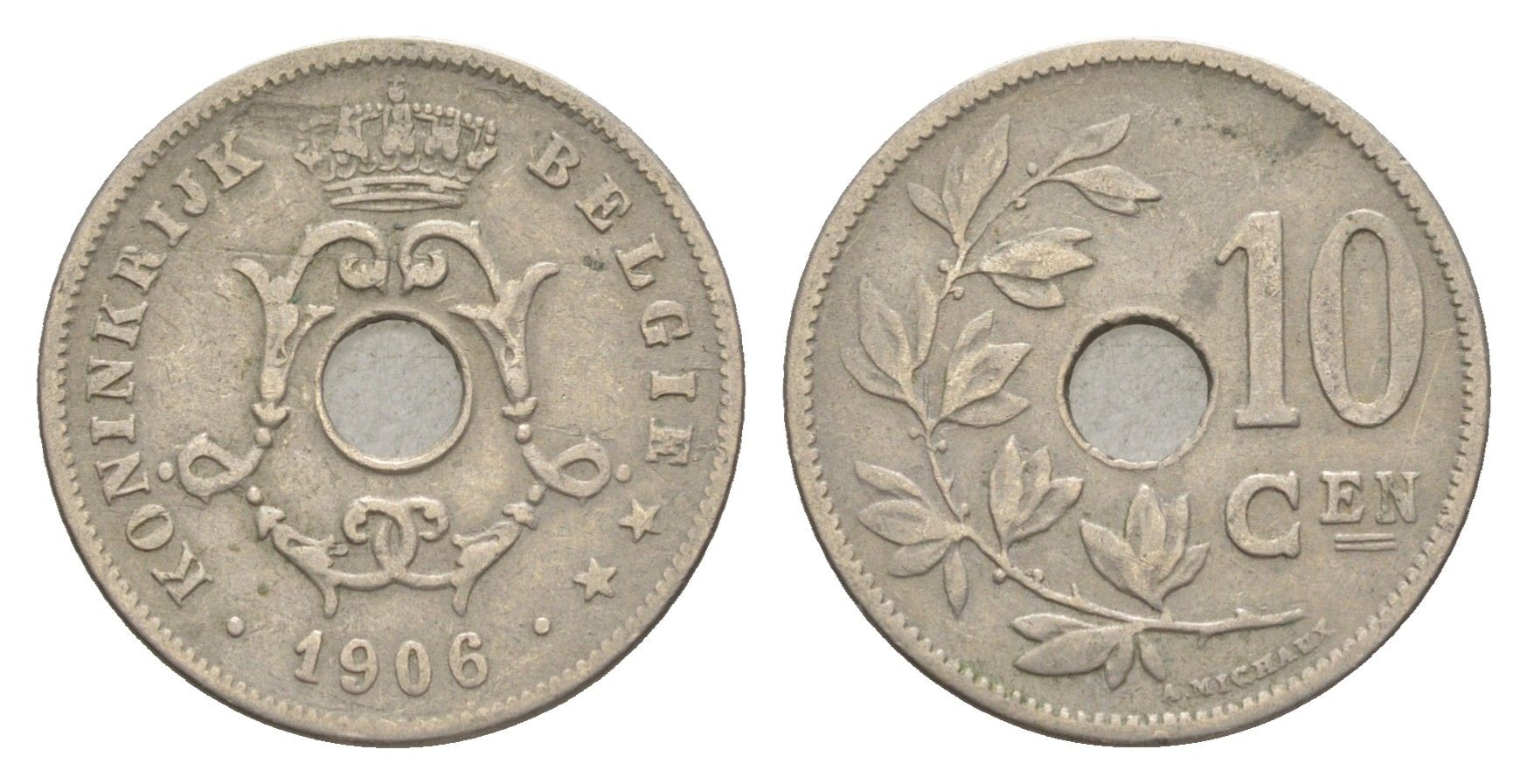 Бельгия 10 сантимов 1906 Belgie, Леопольд I (1865-1909) KM 53 медно-никель 4615-917