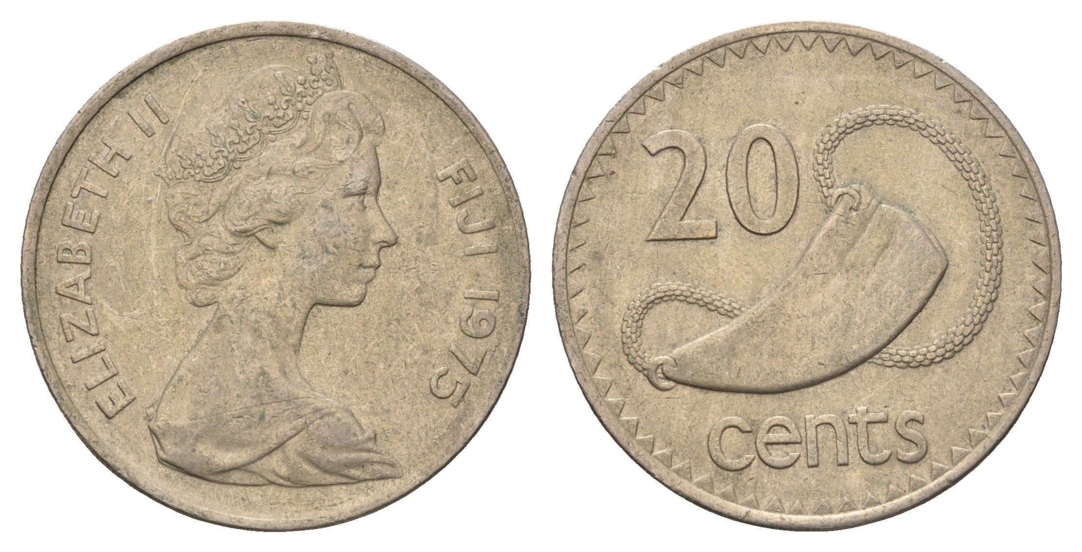Фиджи 20 центов 1975 Елизавета II (1952-2022), китовый зуб KM 31 медно-никель 4698-1156
