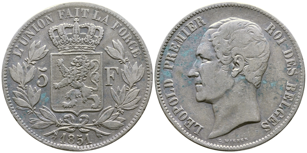 Бельгия 5 франков 1851 Леопольд I (1831-1865) KM 17 серебро 00-1067-3-53