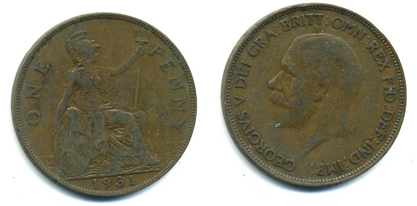 Великобритания 1 пенни 1931 Георг V (1910-1936) КМ 838, Spink 4055 бронза 41-1136