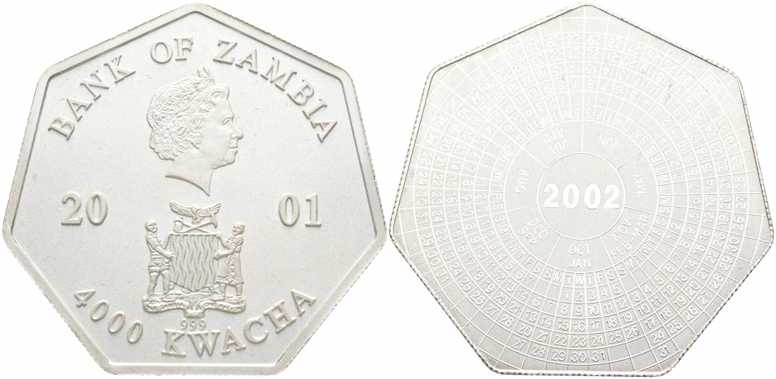 Замбия 4000 квача 2001 календарь, семиугольная KM 175 серебро PROOF 11-073-31