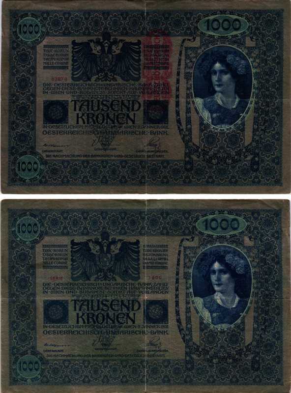 АВСТРИЯ 1000 КРОН 1919 КРАСНАЯ ВЕРТИКАЛЬНАЯ НАДПЕЧАТКА НА 1902 Pick 59 бумага 7486-34-1