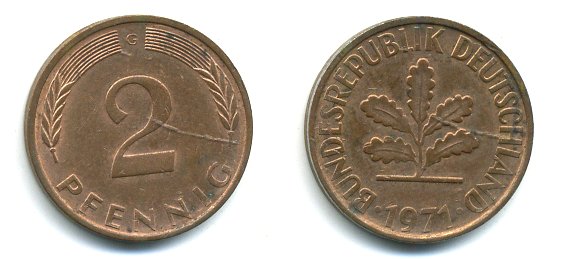 ФРГ 2 пфеннига 1971 G KM 106a, J.381a сталь плакированная медью 3999-1142