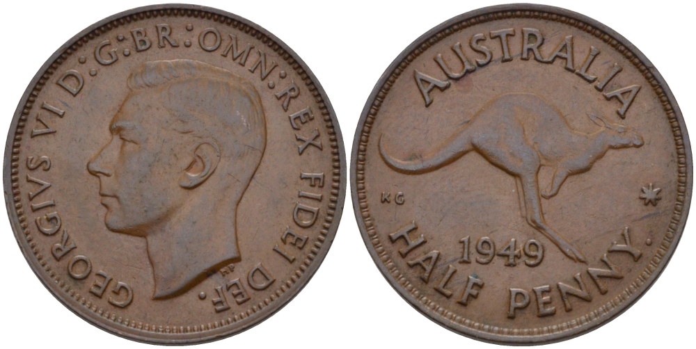 Австралия 1/2 пенни 1949 p, Георг VI (1936-1952), КЕНГУРУ KM 42 бронза 67-1233