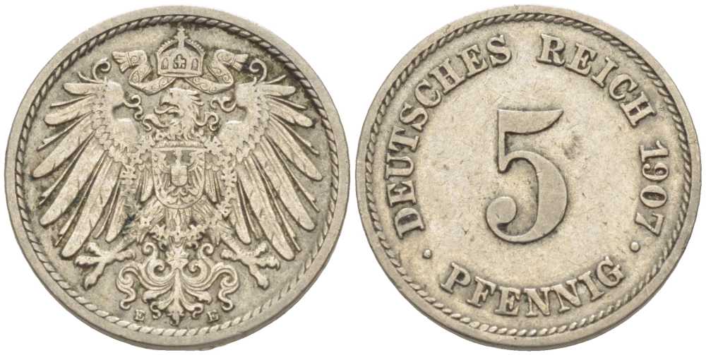 ГЕРМАНИЯ 5 ПФЕННИГОВ 1907 E KM 11, J. 12 медно-никель 105-124