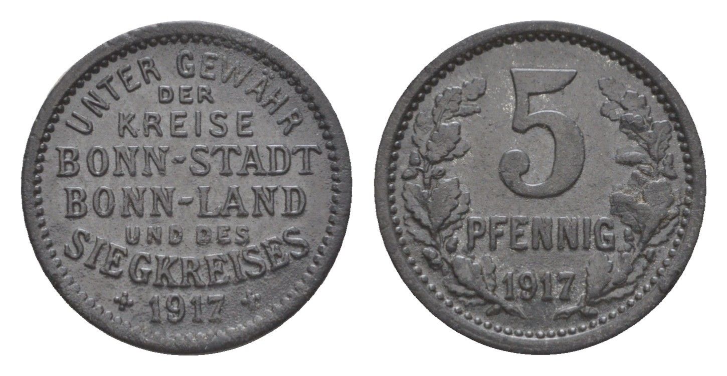 Бонн и Зигкрайс (Пруссия, Рейн) 5 пфеннигов 1917 Funck 52.1, Men05 3234.1, Men18 4150.1 цинк 4639-131