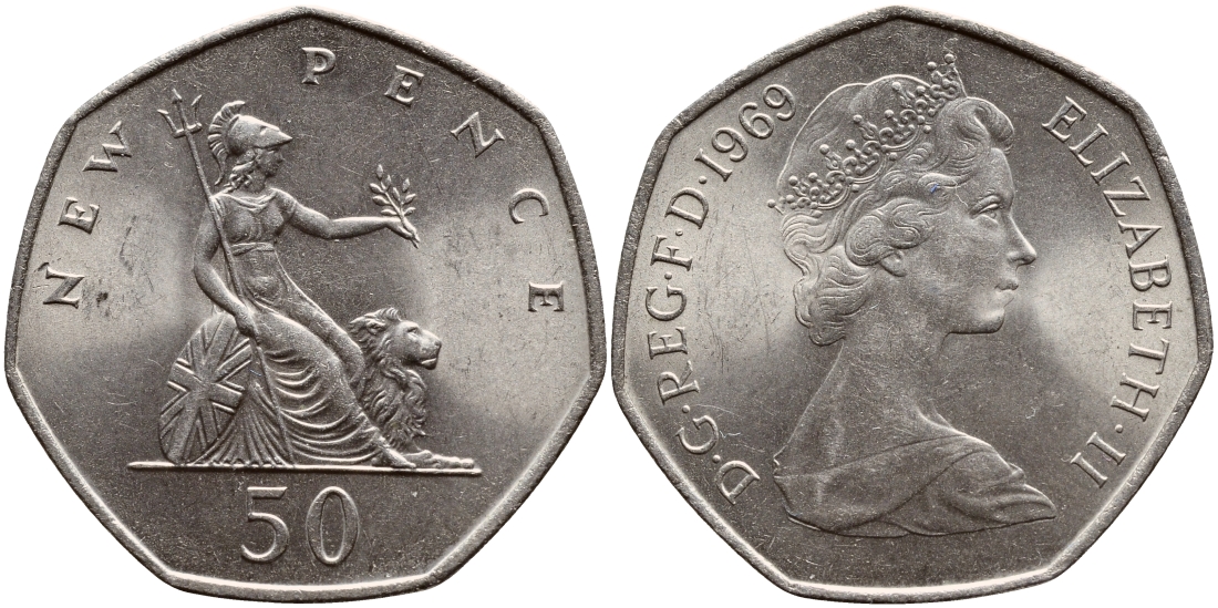Великобритания 50 пенсов 1969 Елизавета II (1952-2022) KM 913, Spink 4223 (H1) медно-никель UNC 51-4014