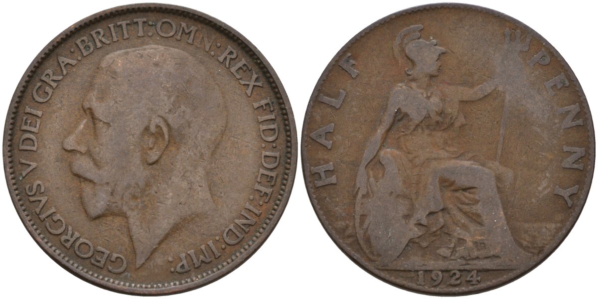 Великобритания 1/2 пенни 1924 Георг V (1910-1936) KM 809, Spink 4056 бронза 4146-145