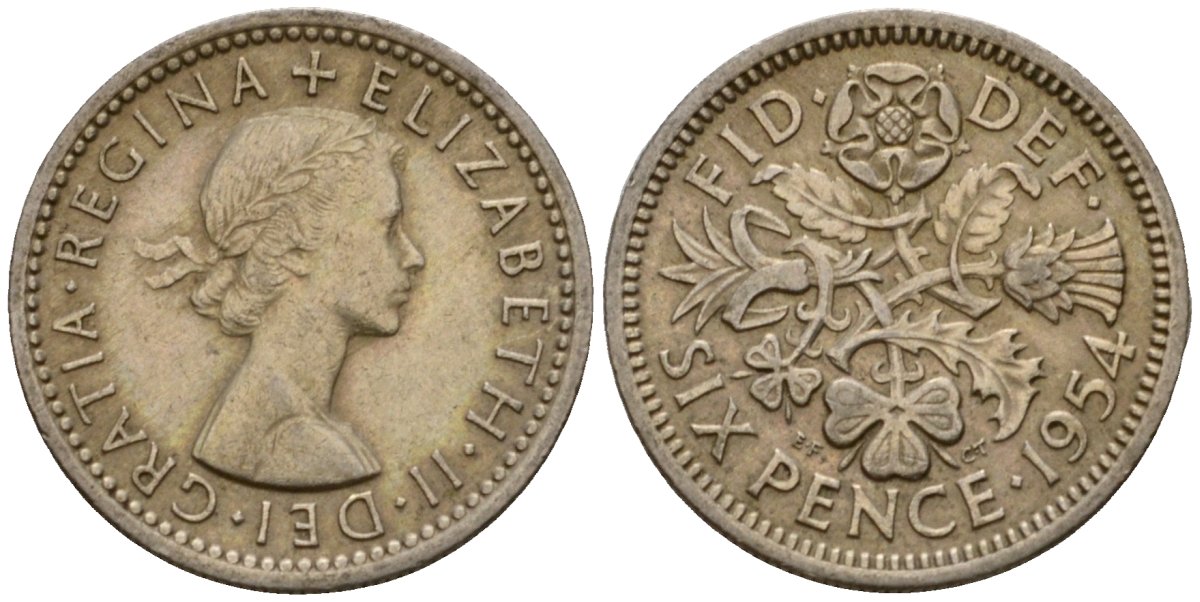 Великобритания 6 пенсов 1954 Елизавета II (1952-2022) KM 903, Spink 4149 медно-никель 4602-115