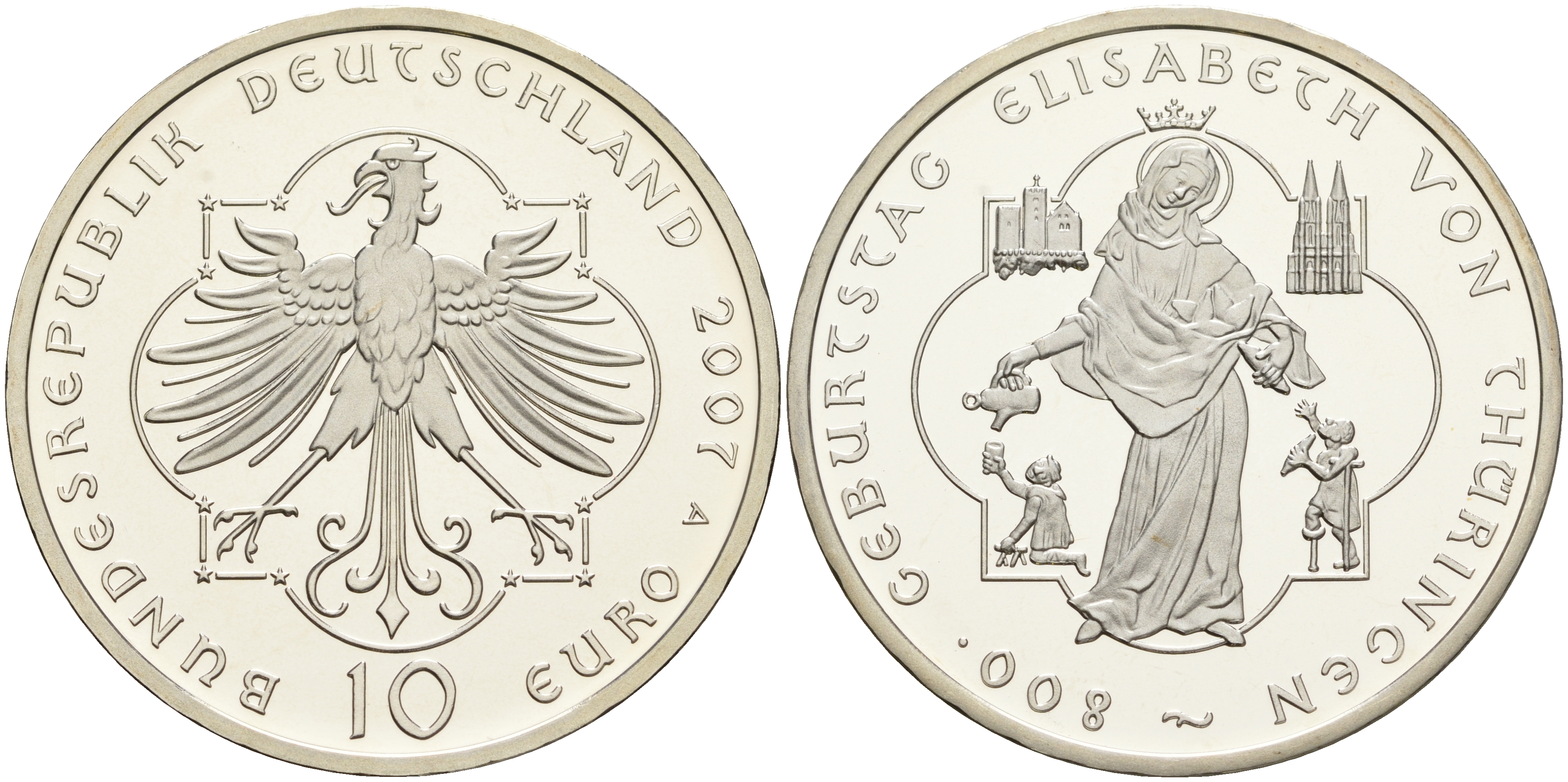 ФРГ 10 евро 2007 А, 800 лет со дня рождения Святой Елизаветы фон Туринген (Венгерской) KM 268, DE.S. 10.33 серебро PROOF 1076-3-73