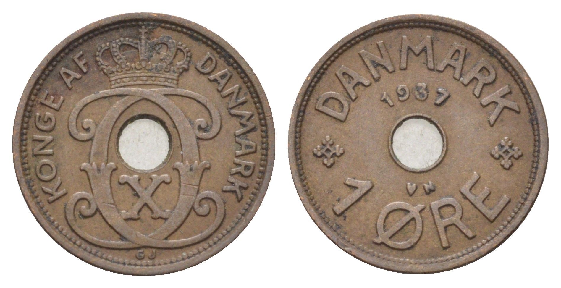 Дания 1 эре 1937 N, Кристиан X (1912-1947) KM 826 бронза 4701-614
