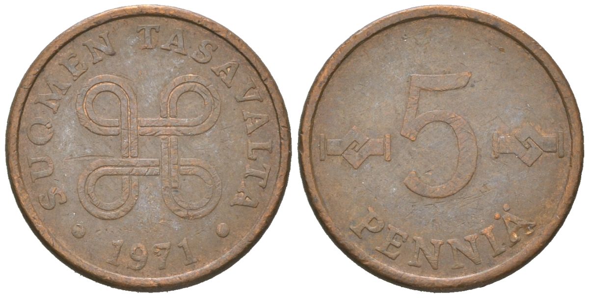 Финляндия 5 пенни 1971 KM 45 медь 4617-1137