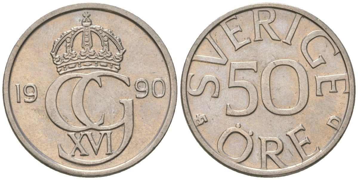 Швеция 50 эре 1990 D, Карл XVI Густав (1973-) KM 855 медно-никель UNC 4617-1155