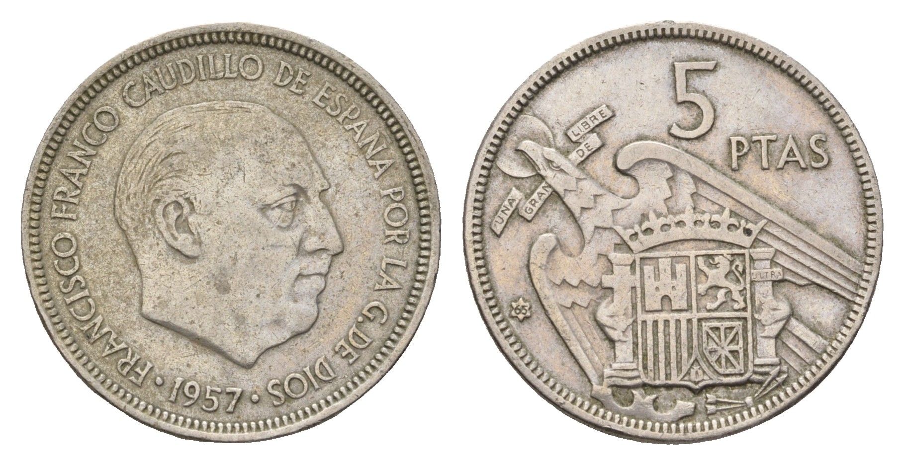 Испания 5 песет 1957 (65) Франсиско Франко (1939-1975) KM 786 медно-никель 4707-326