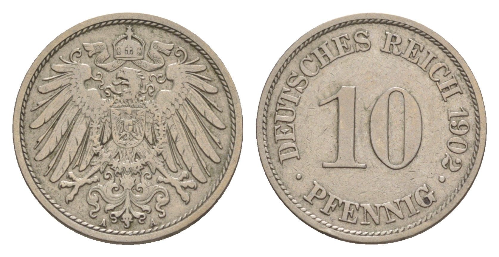 Германия 10 пфеннигов 1902 A, Вильгельм II (1888-1918) KM 12, J. 13 медно-никель 4640-255