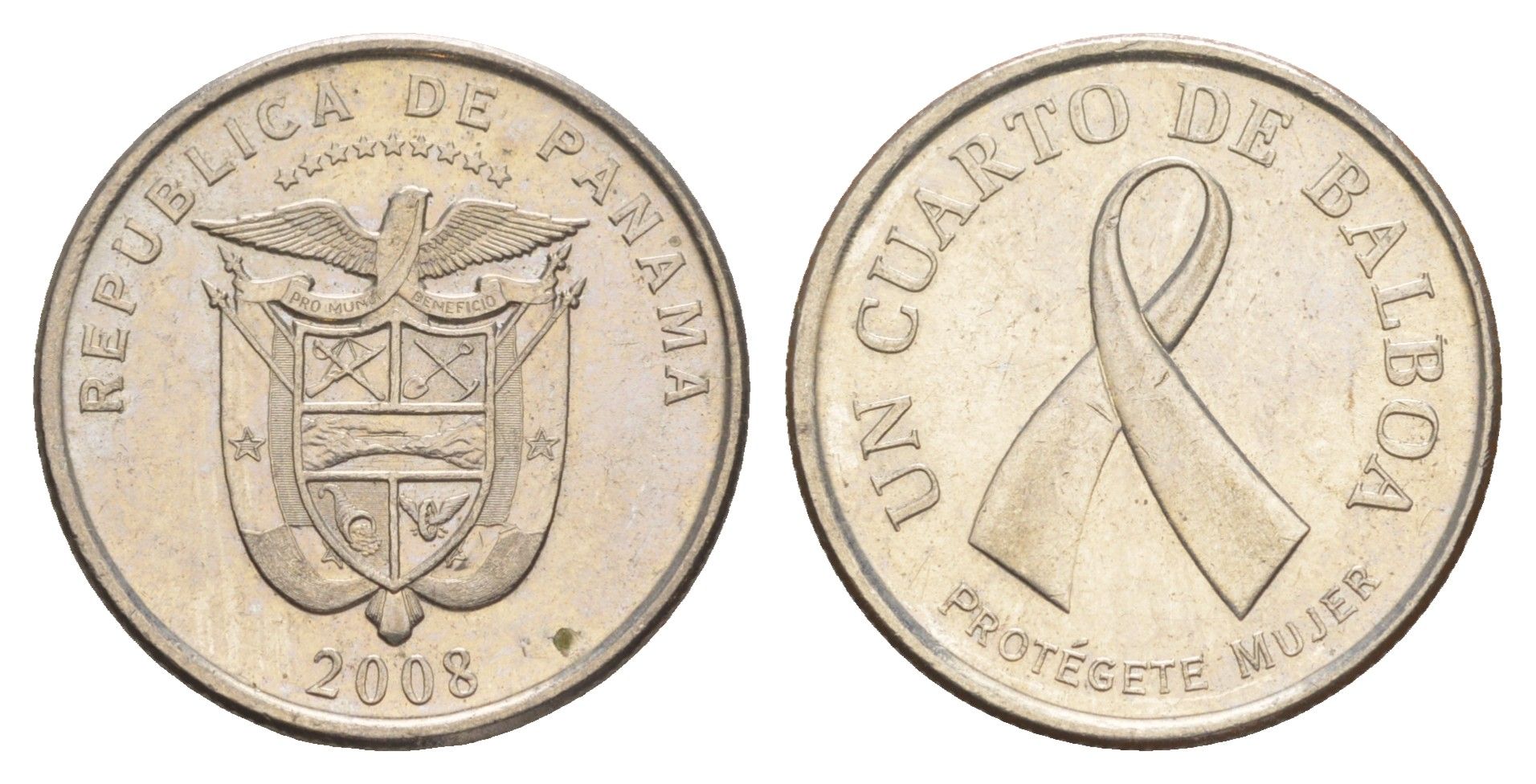 Панама 1/4 бальбоа (25 сентесимо) 2008 Рак молочной железы KM 137 медь плакированная медно-никелем 4646-257