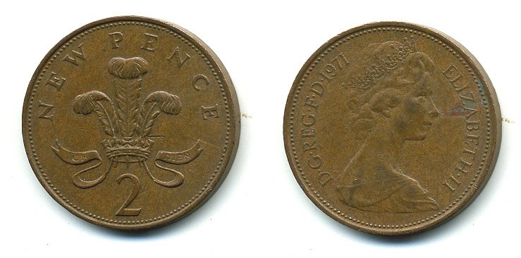 Великобритания 2 пенса 1971 Елизавета II (1952-2022) КМ 916, Spink 4235 (C1) бронза 4110-712