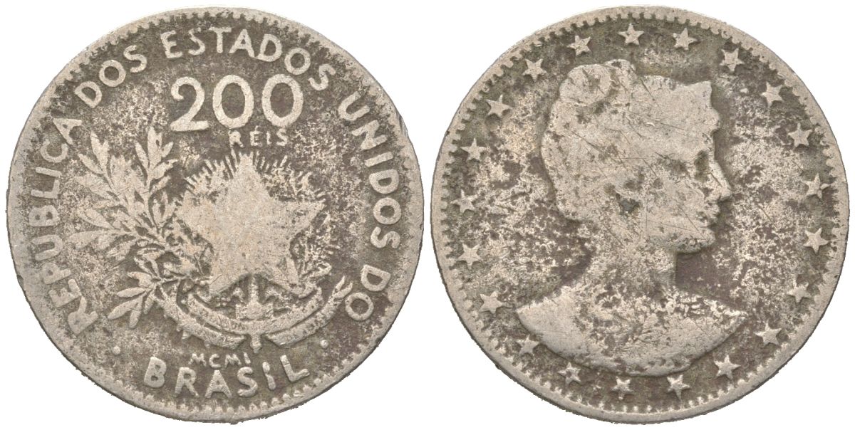 Бразилия 200 реалов 1901 MCMI, голова свободы вправо KM 504 медно-никель 4612-141