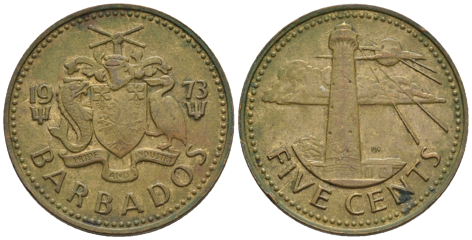 Барбадос 5 центов 1973 маяк Саут-Пойнт KM 11 латунь 87-226