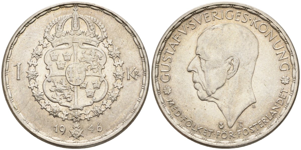 Швеция 1 крона 1946 TS, Густав V (1907-1950) KM 814 серебро 4148-1034