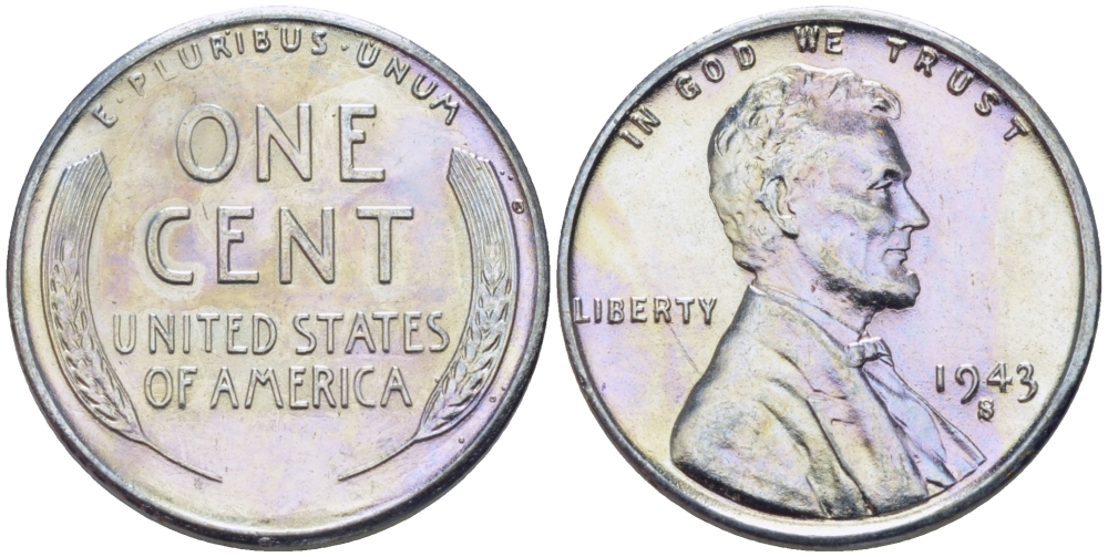 США 1 цент 1943 S (Сан-Франциско), Авраам Линкольн KM 132 a сталь плакированная цинком 39-136