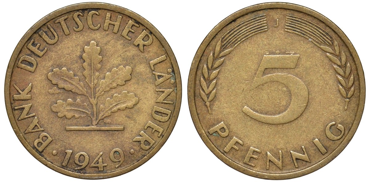 ФРГ 5 пфеннигов 1949 J KM 102 сталь плакированная бронзой 4174-513