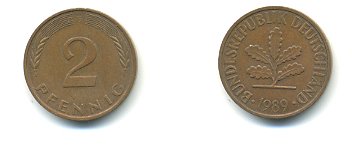 ФРГ 2 ПФЕННИГА 1989 G KM 106a, J.381a сталь плакированная сталь плакированная медьюю 54-2333