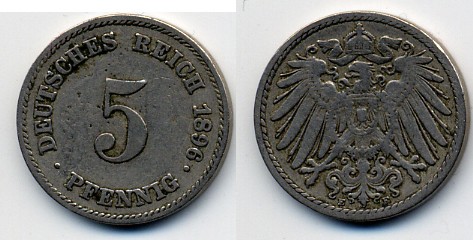 ГЕРМАНИЯ 5 ПФЕННИГОВ 1896 E, KM 11, J. 12 медно-никель 51-5262