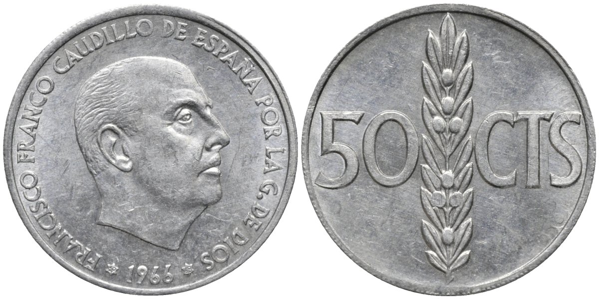 Испания 50 сентимо 1966 (68) Франсиско Франко (1939-1975) KM 795 алюминий 4171-424