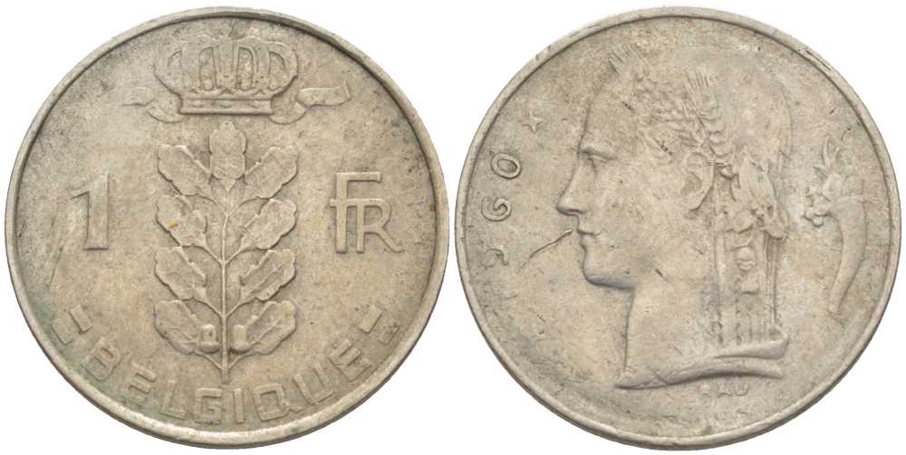 БЕЛЬГИЯ 1 ФРАНК 1960 BELGIQUE, БОДУЭН I (1951-1993) KM 142.1 медно-никель 119-451