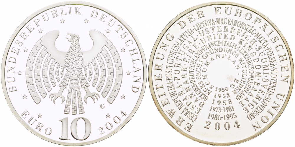 ФРГ 10 евро 2004 G, расширение Евросоюза KM 231, DE.S 10.14 серебро PROOF 1082-9-61