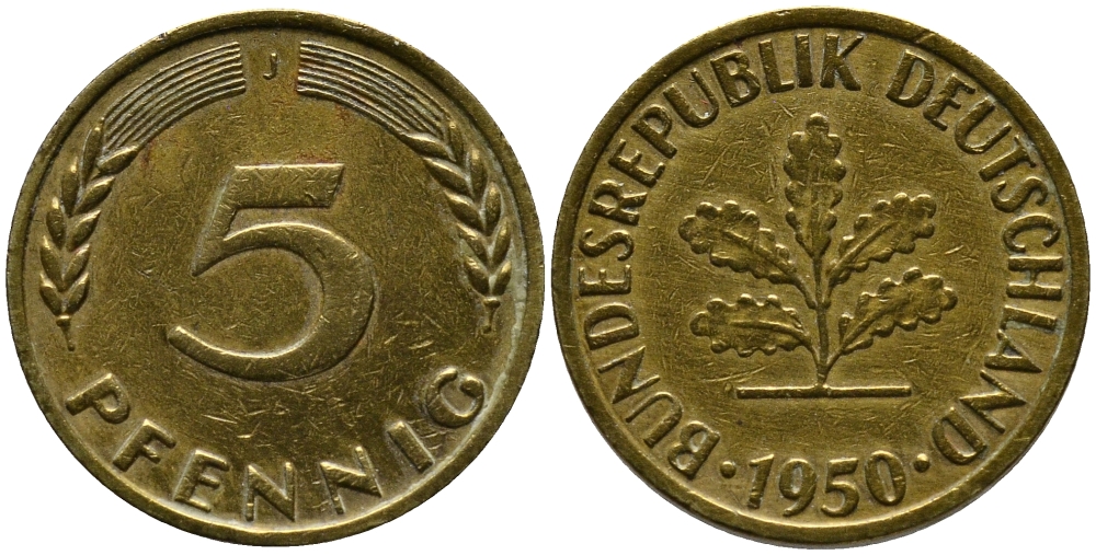 ФРГ 5 ПФЕННИГОВ 1950 J KM 107, J.382 сталь плакированная латунью 4387-566