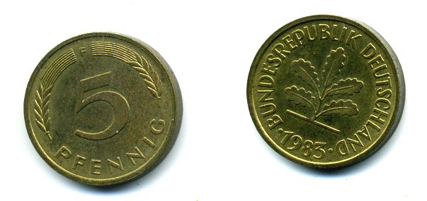 ФРГ 5 ПФЕННИГОВ 1983 F KM 107, J 382 сталь плакированная латунью 46-311