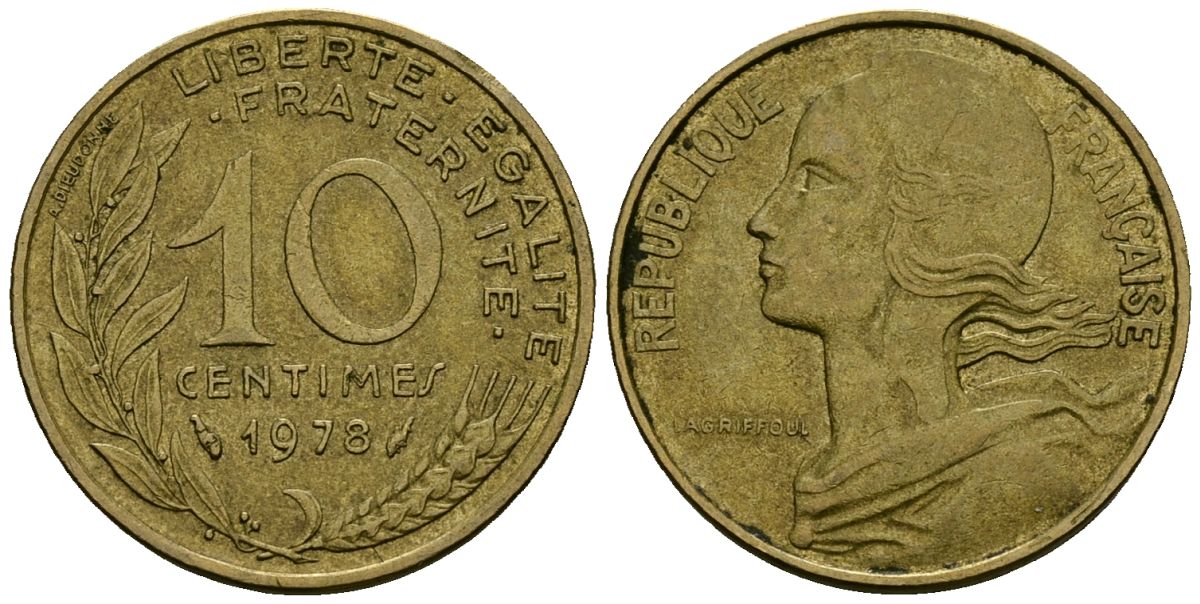 Франция 10 сантимов 1978 тип Marianne KM 929 алюминиевая бронза 4136-417