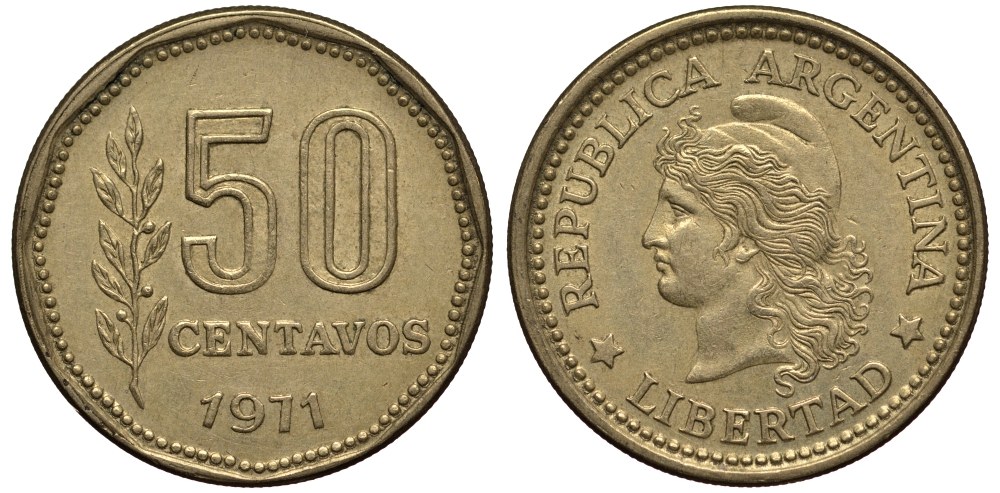 Аргентина 50 сентаво 1970 голова свободы влево KM 68 алюминиевая бронза 4182-143