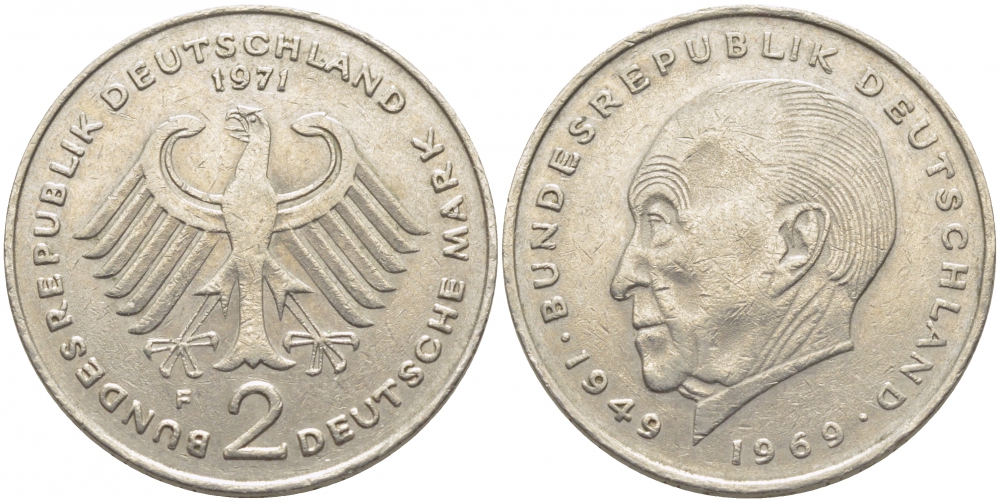 ФРГ 2 МАРКИ 1971 F, КОНРАД АДЕНАУЭР KM 124, J. 406 медно-никель плакированный никелем 3856-245