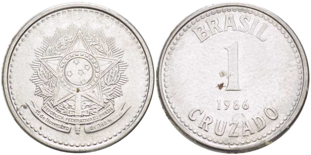 Бразилия 1 крузадо 1986 KM 605 нержавеющая сталь 217-1252