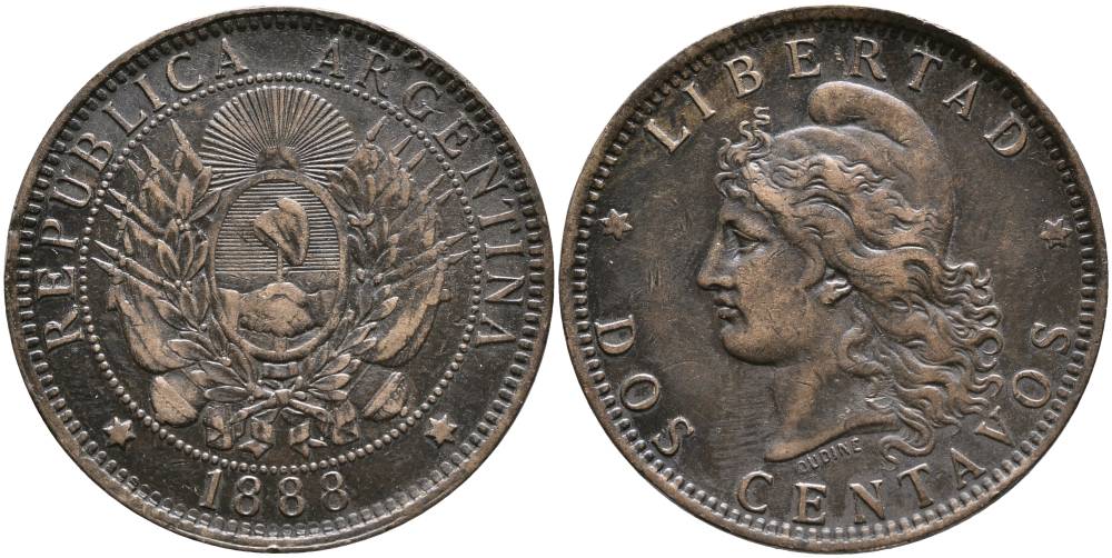 Аргентина 2 сентаво 1888 голова Свободы влево KM 8 бронза 00-00