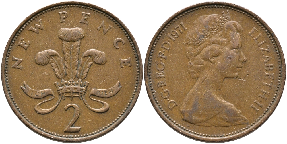 Великобритания 2 пенса 1971 Елизавета II (1952-2022) KM 916, Spink 4235 (C1) бронза 65-926