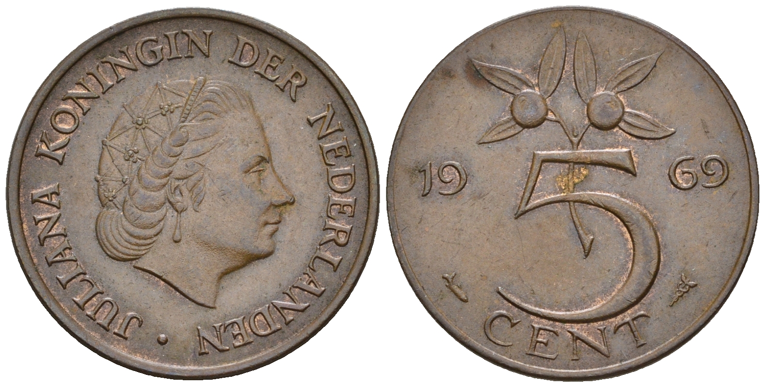 Нидерланды 5 центов 1969 Юлиана (1948-1980) KM 181 бронза 259-1057