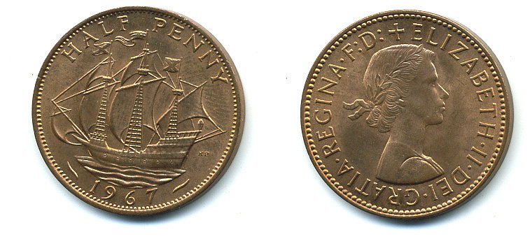 Великобритания 1/2 пенни 1967 Елизавета II (1952-2022) KM 896, Spink 4158 бронза UNC 4110-517