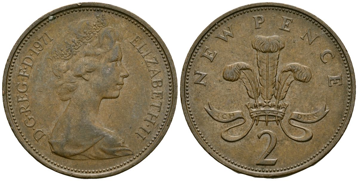Великобритания 2 пенса 1971 Елизавета II (1952-2022) KM 916, Spink 4235 (C1) бронза 4167-527