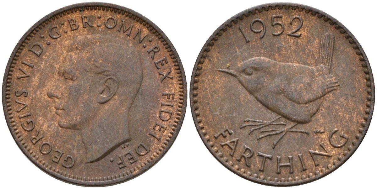Великобритания 1 фартинг 1952 Георг VI (1936-1952) KM 867, Spink 4119 бронза 4596-1027