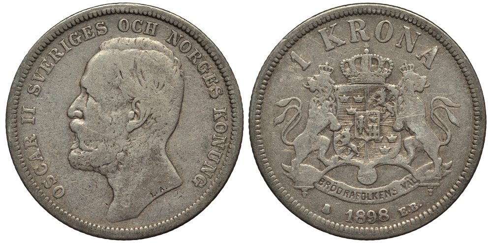 Швеция 1 крона 1898 ЕВ, Оскар II (1872-1907) король Швеции и Норвегии KM 760 серебро 1530-923