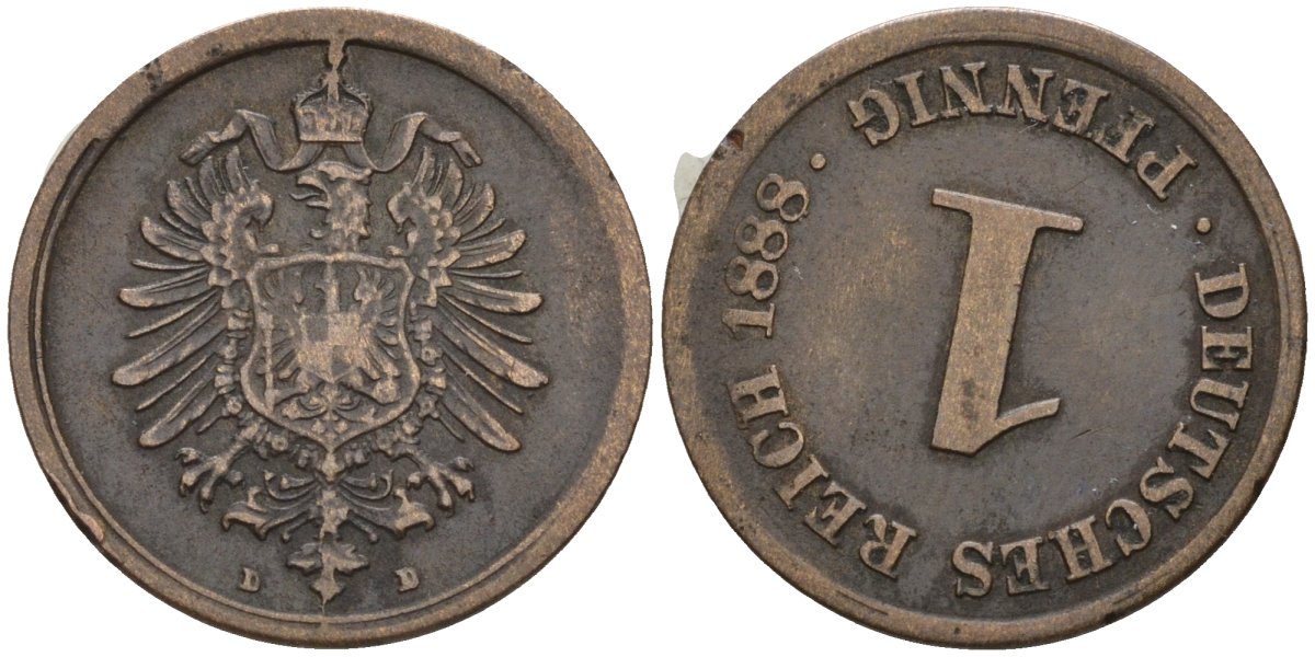 Германия 1 пфенниг 1888 брак чекана, отношение аверса/реверса (175°), D, Вильгельм I (1871-1888) KM 1, J. 1 медь 1525-415