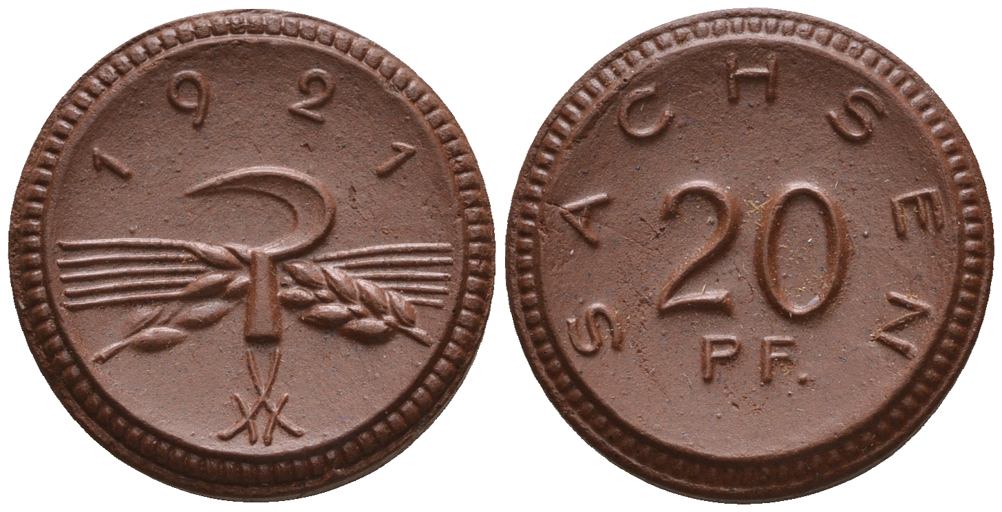 Саксония 20 пфеннигов 1921 колосья и серп J. N 53 фарфор UNC 1094-9-32