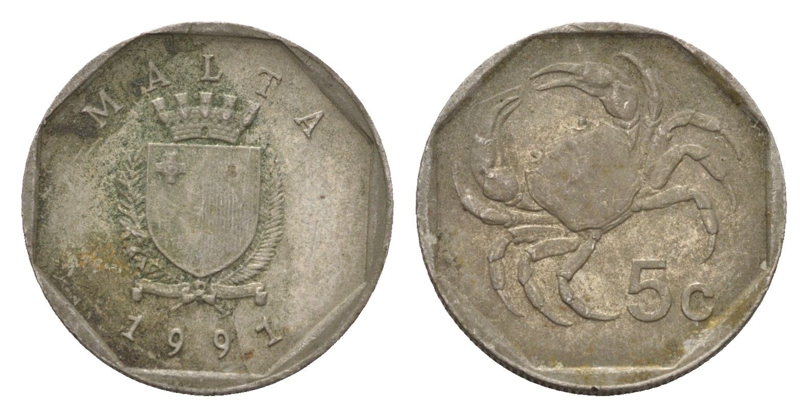 Мальта 5 центов 1991 краб KM 95 медно-никель 4702-468