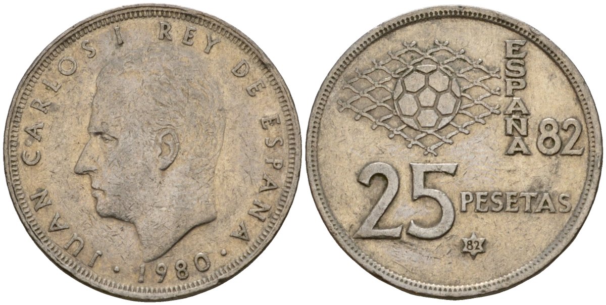 Испания 25 песет 1982 (82) Чемпионат мира по футболу в Испании 1982, Хуан Карлос I (1975-2014) KM 818 медно-никель 183-234