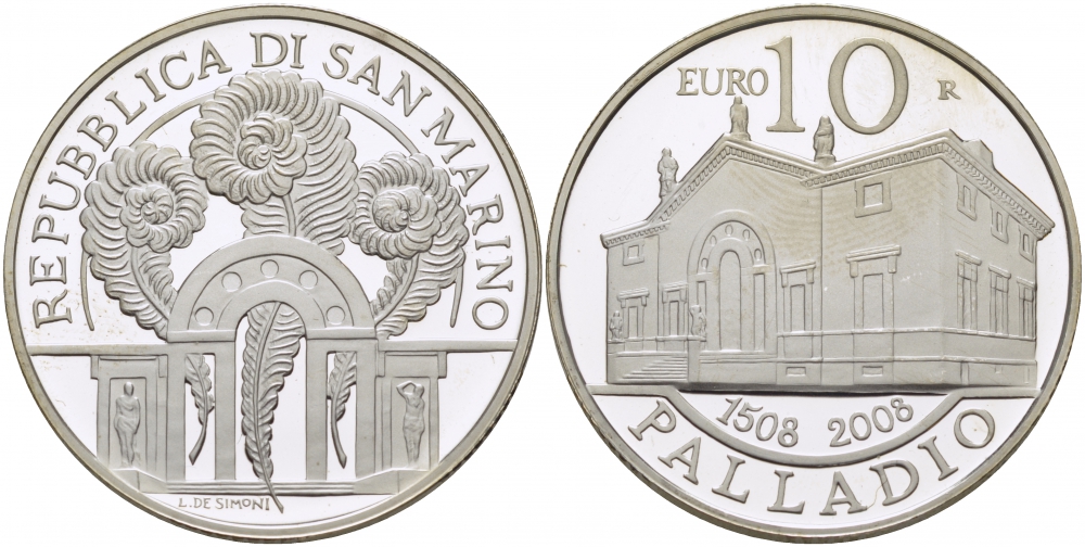 Сан-Марино 10 евро 2008 500 лет Андреа Палладио KM 514 серебро PROOF 1077-7-32